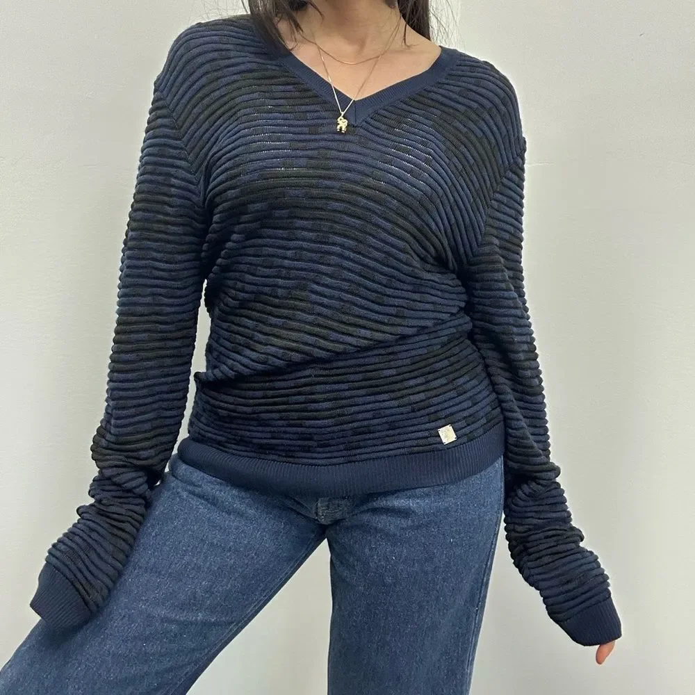 Versace Collection Blue & Black Wool Blend Mesh Knit V-neck Sweater Size M - Picture 4 of 14